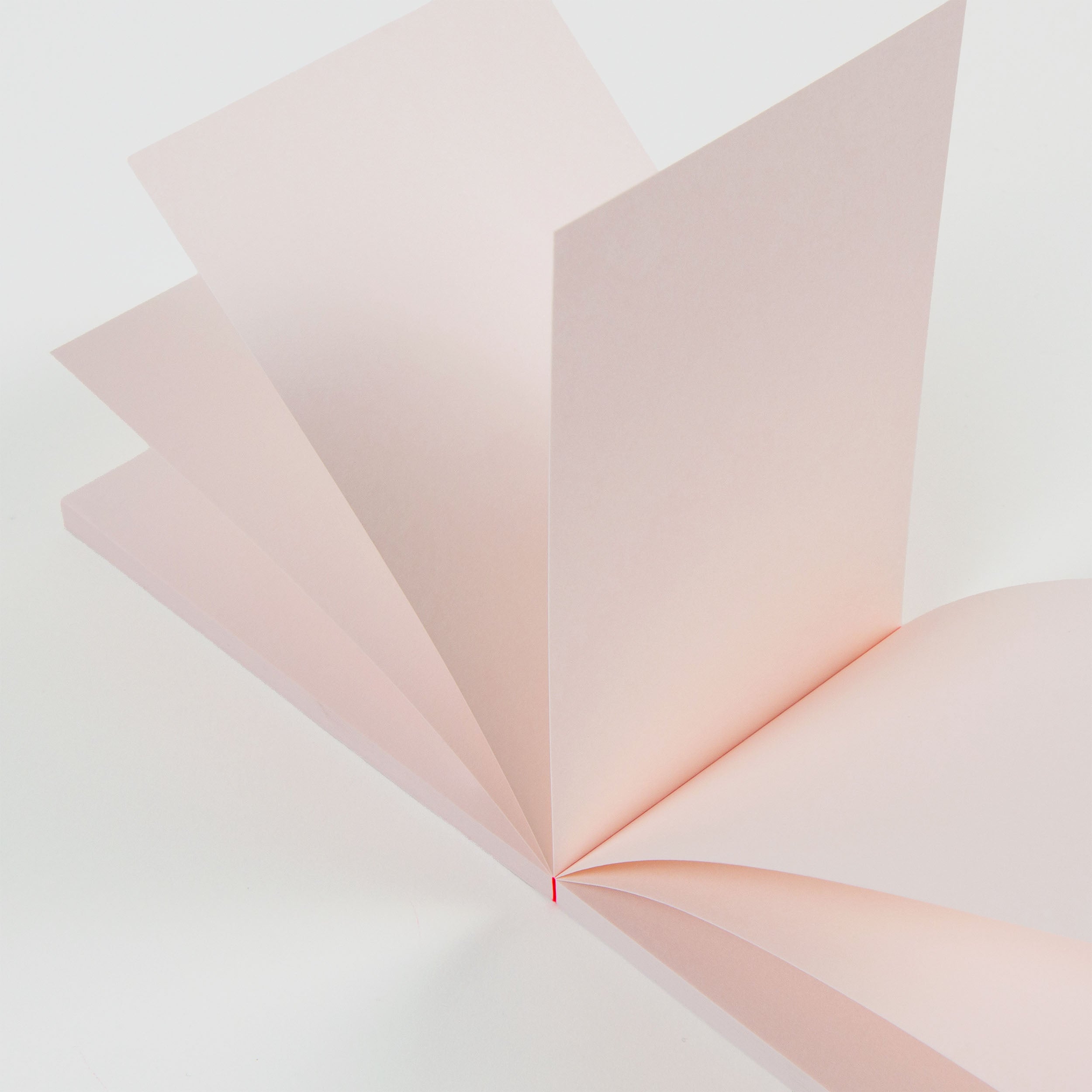 Ein paperlux Abreissblöcke Neon-Block mit leeren, blassrosa Recycling-Seiten wird vor einem weissen Hintergrund aufgefächert und zeigt sein klares, minimalistisches Design und den sanften Farbton der Feinstpapier-Reste.