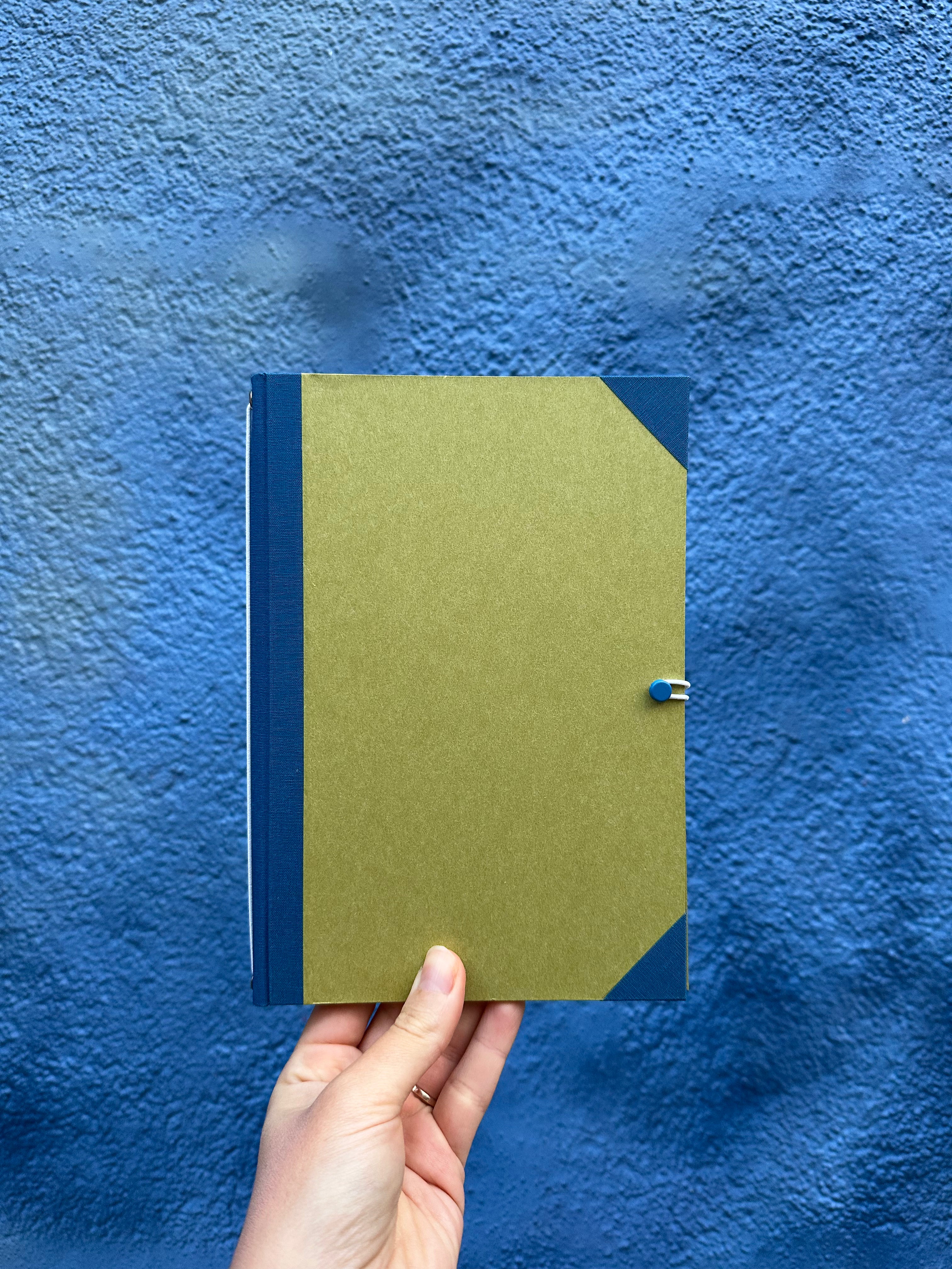 Eine Hand hält ein grünes Paperlux Modulares Notizbuch mit blauen Kanten und einem kleinen runden Verschluss vor einer blauen, strukturierten Wand.