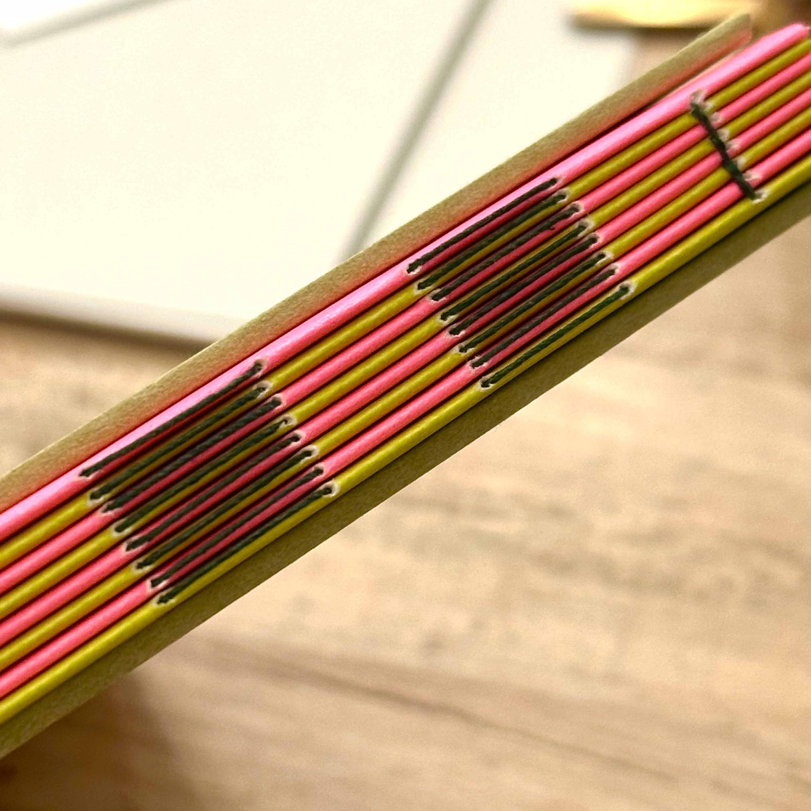 Nahaufnahme des Buchrückens eines Fotobuchs aus dem Workshop Fotobuch offene Langstichheftung, der die freiliegende Langstichheftung mit abwechselnd rosa und gelben Seiten zeigt.
