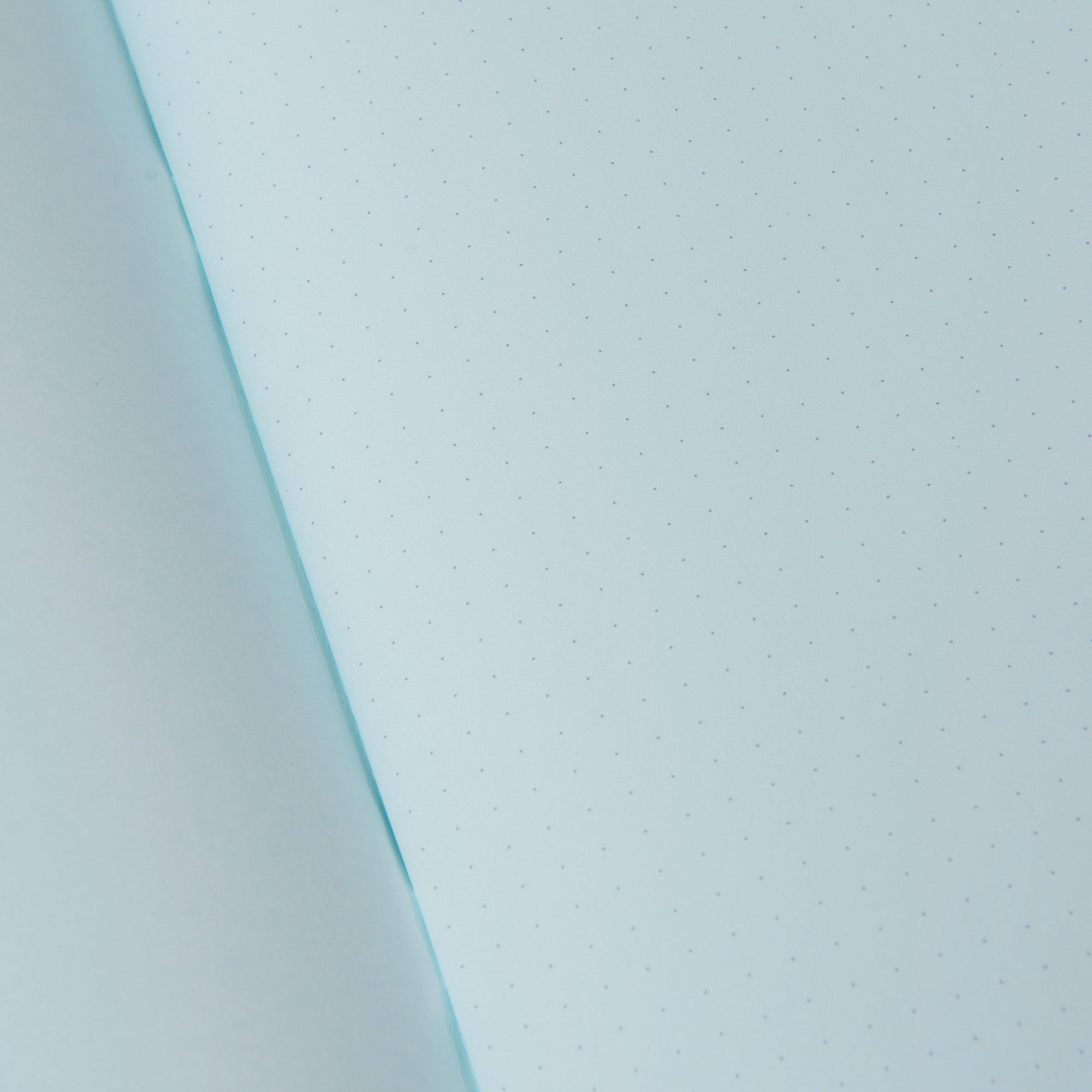 Ein offenes Midori-Notizheft „Color Dot Grid“ verfügt über hellblaue gepunktete Seiten in einem Gittermuster, ergänzt durch einen pastellfarbenen Einband mit stilvollen Akzenten in Heißfolienprägung.