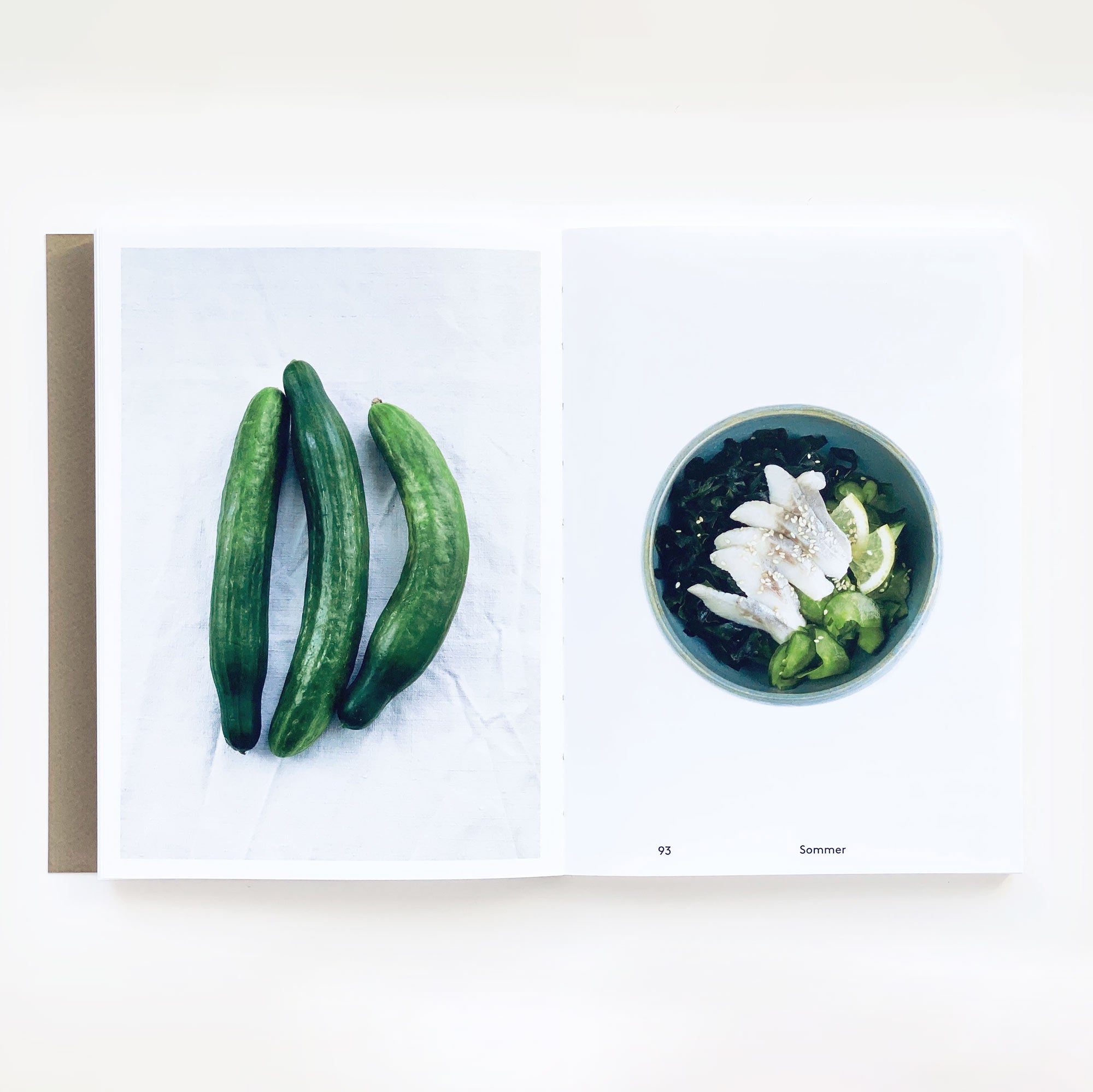 Ein aufgeschlagenes Buch aus der Publikation „Shinroku Shimokawa: Man kann keine Steine essen“ von Prima Publikationen besteht aus zwei Seiten. Auf Seite 93 sind drei Gurken auf weißem Hintergrund abgebildet, was auf regionale Zutaten hinweist, während auf der gegenüberliegenden Seite eine Schüssel mit Gurkenscheiben und Toppings zu sehen ist, die von der japanischen Küche inspiriert sind.