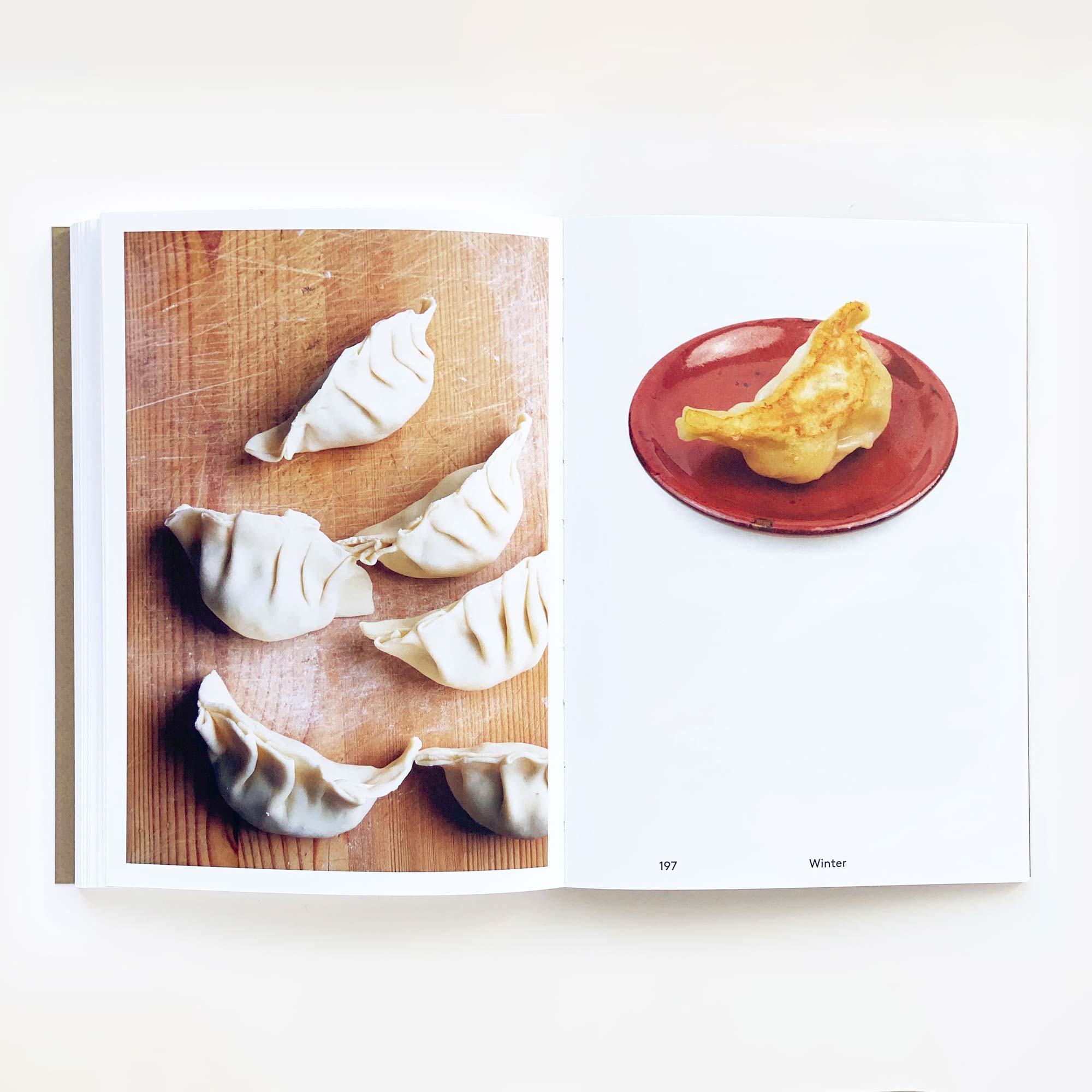 Das Buch „Shinroku Shimokawa – Man kann keine Steine essen“ von Prima Publikationen zeigt zwei Seiten; links sind fünf ungekochte Knödel auf Holz mit regionalen Zutaten, rechts ein frittierter Knödel auf einem roten Teller mit „Winter“, der die Essenz der Japanischen Küche vermittelt.