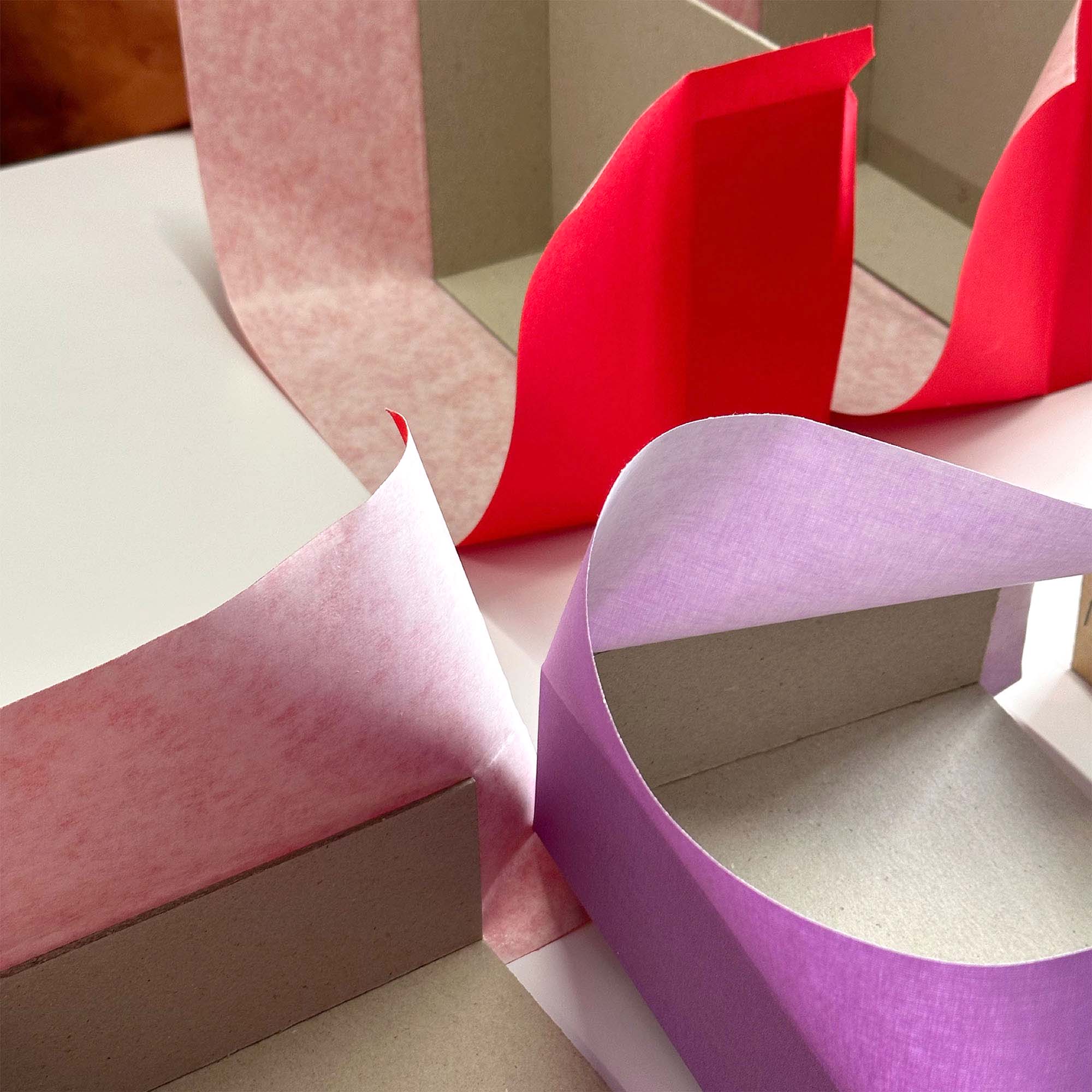 Gebogene Blätter aus rotem, rosa und violettem Papier sind auf einer weißen Fläche angeordnet und bilden abstrakte geometrische Formen, inspiriert durch den Workshop Clamshell Box von paperlux.store, mit sichtbarem Boden und sanfter Beleuchtung.