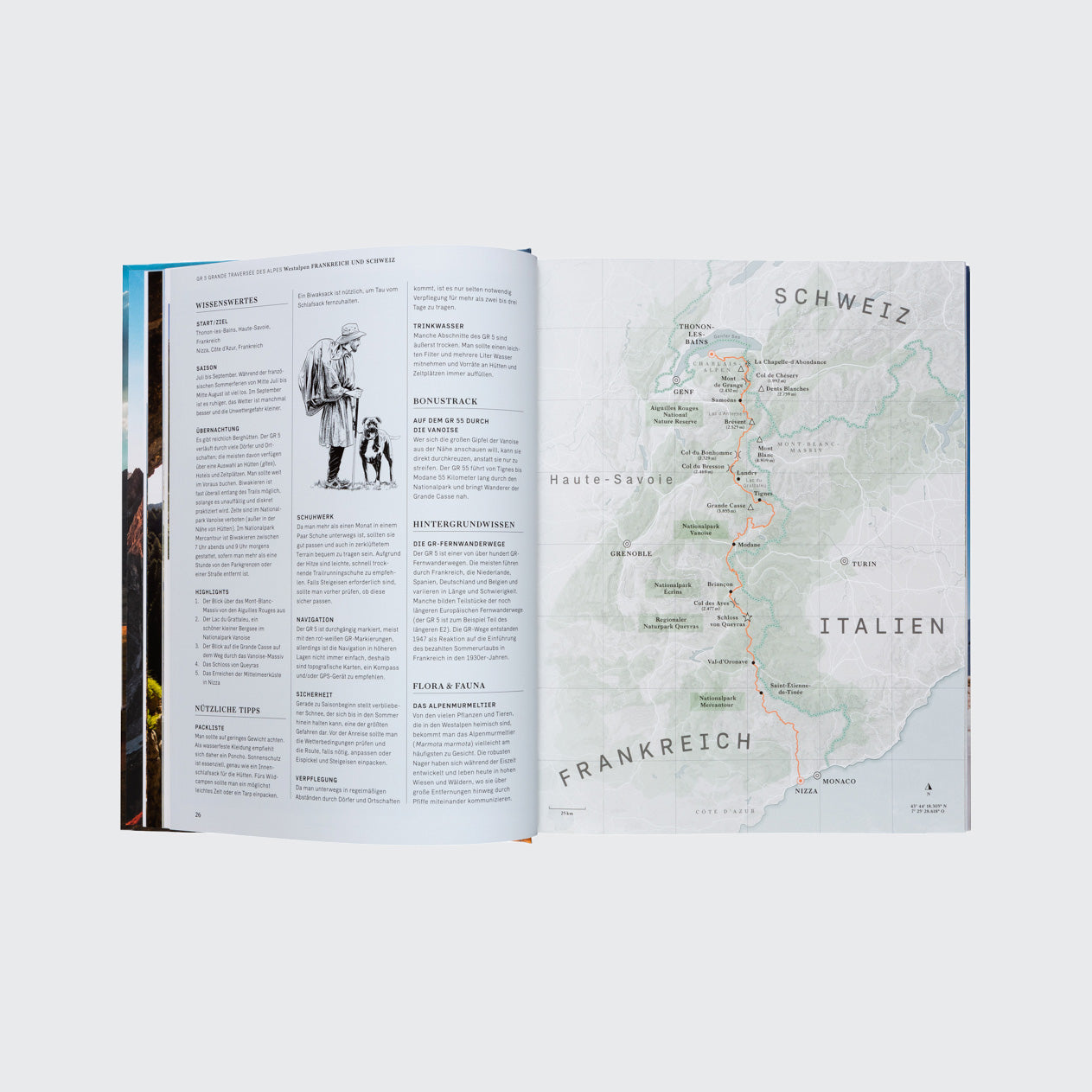 Ein aufgeschlagenes Buch „Wanderlust Alpen“ des Gestalten Verlags zeigt auf der rechten Seite eine Karte mit Wanderwegen durch die Schweiz und Italien, während der deutsche Text und die Abbildung einer Person mit ihrem Hund auf der linken Seite den Wanderfieber-Geist verkörpern.
