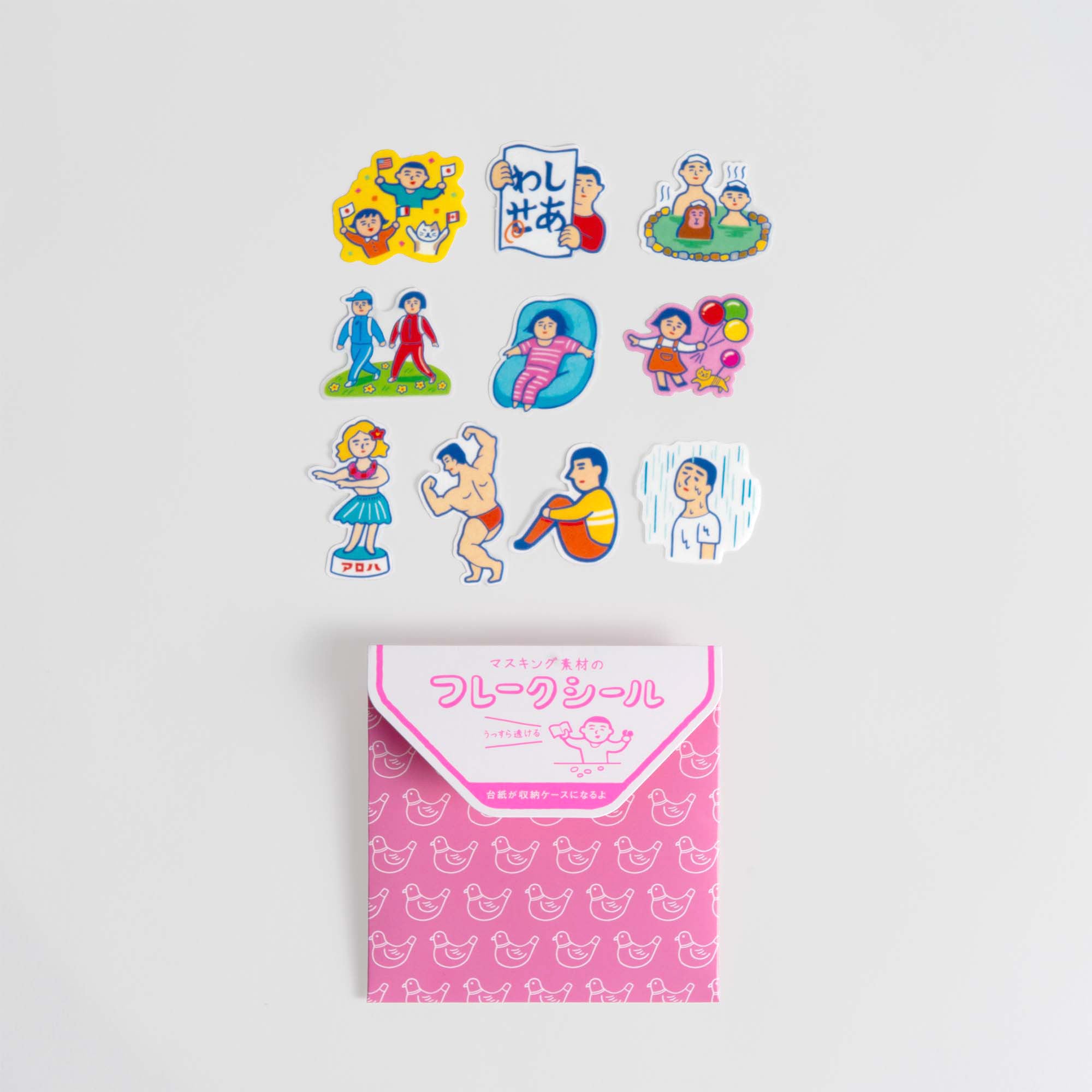 Die farbenfrohen Hightide Flake Sticker-Bögen von Hightide mit Cartoon-Figuren und Aktivitäten befinden sich auf einem rosa Umschlag mit weißer Hühnergrafik und japanischem Text auf weißem Hintergrund.