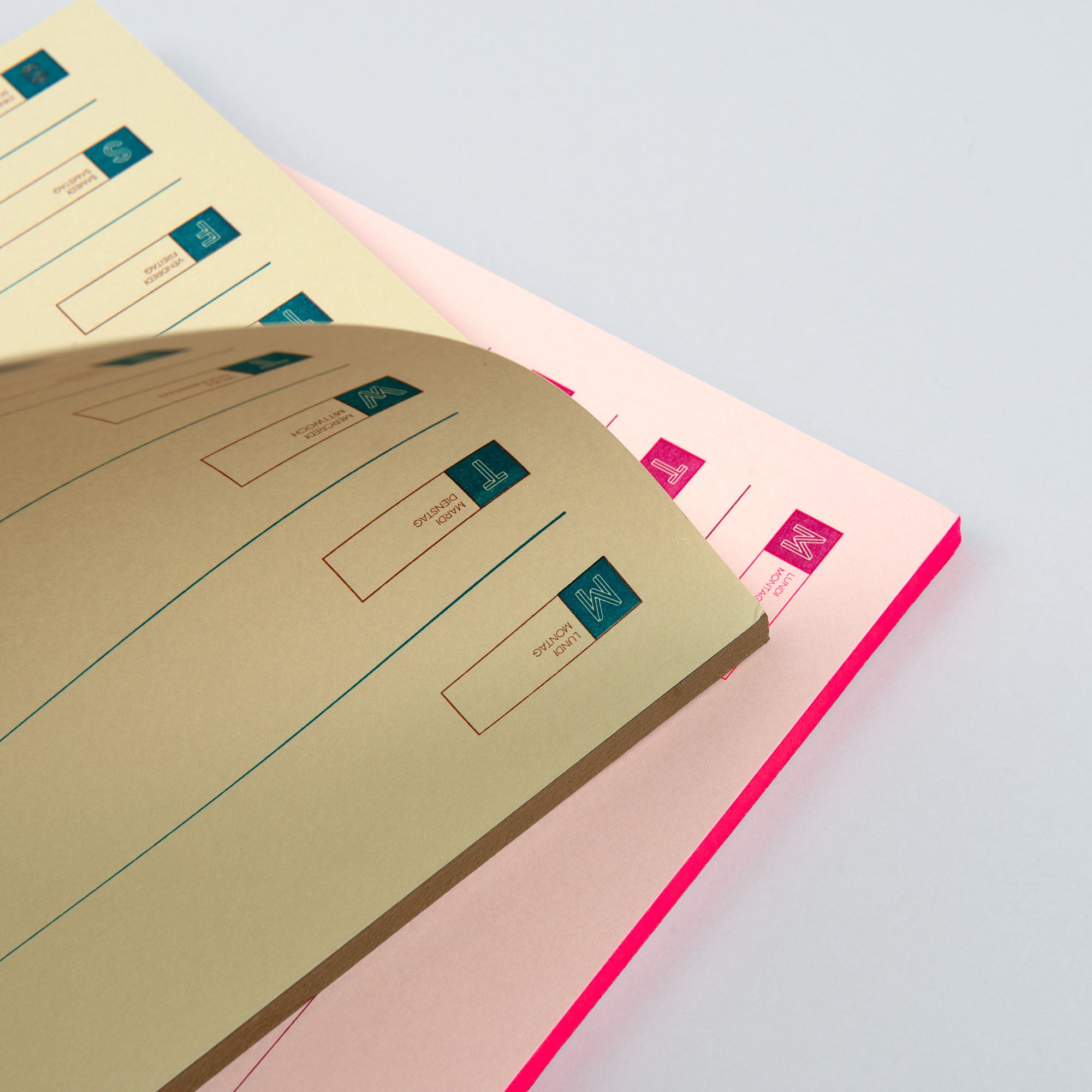 Eine Nahaufnahme von zwei geöffneten Le Typographe Desk Diary Horizontale Notizblöcke mit goldenen und rosafarbenen Rändern, beschrifteten Seiten und bunten Registerkarten - ideal als stilvoller Schreibtischkalender oder A4 quer - auf hellgrauem Hintergrund.