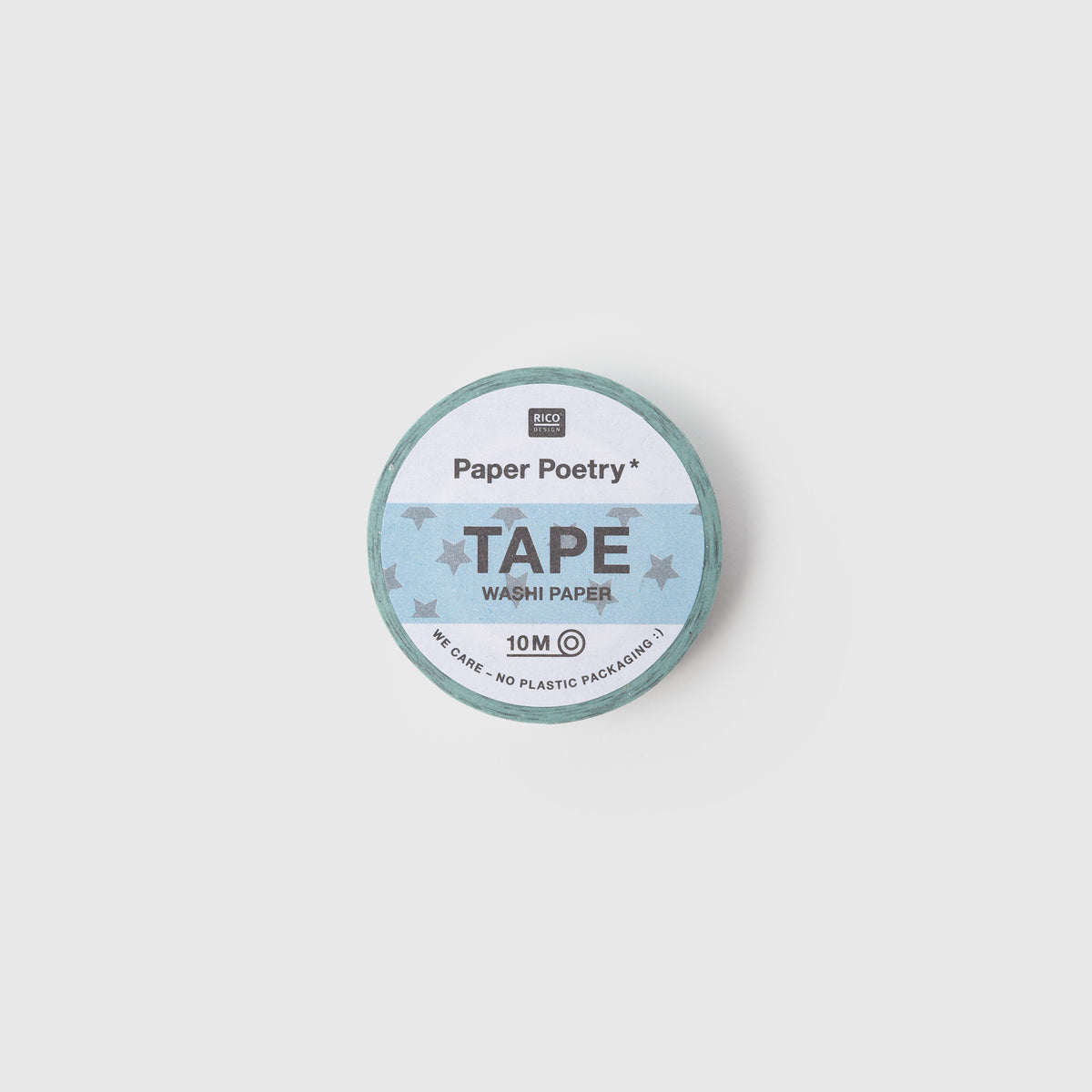 Eine Rolle Paper Poetry Washi Tape – Sterne, die in Hellblau schillern, verziert mit schillernden Sternen und einem Mittelstreifen mit der Aufschrift TAPE WASHI PAPER.