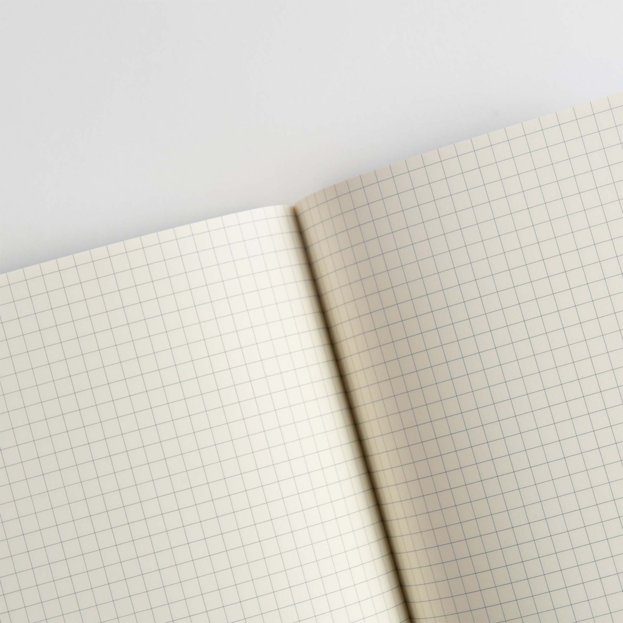 Das Soft PP Notizbuch B6 von Penco mit Kunststoffeinband liegt flach auf einer weißen Oberfläche. Es hat blaue Gitterlinien auf Millimeterpapier in einem hellbeigen Farbton und ist fadengebunden für eine verbesserte Haltbarkeit.