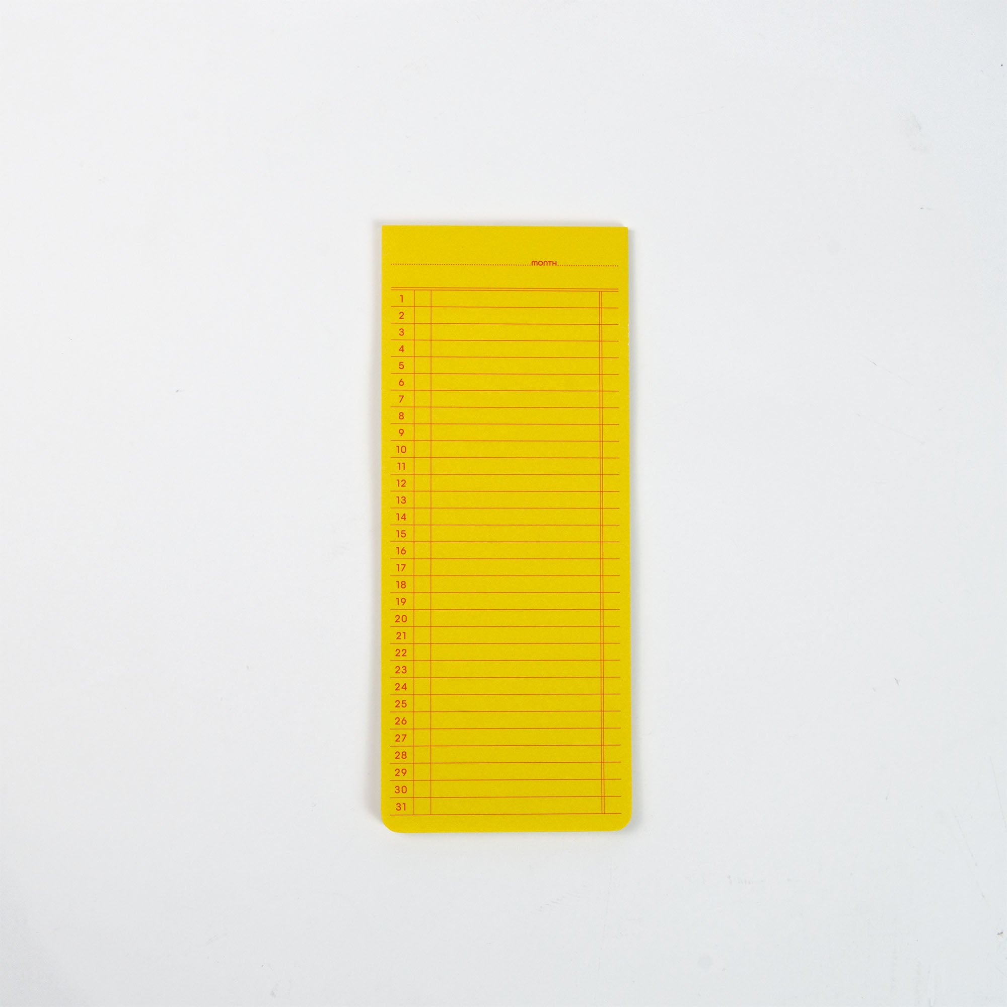 Der Penco Sticky Memo Block - Monatsübersicht zeigt gelbe Seiten mit roten Linien, nummeriert von 1-31 in einer einzigen Spalte für die Monatsplanung, dargestellt auf einer weißen Oberfläche.