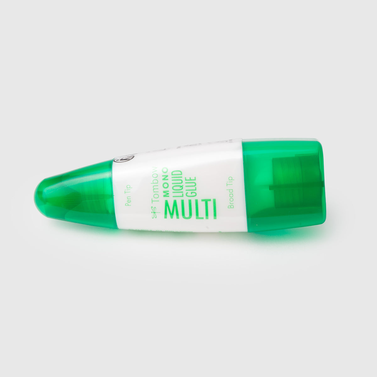 Tombow MONO Multi Flüssigkleber – Doppelspitze, 25 g, mit einer grünen Kappe an einem Ende und einem grünen Applikator am anderen Ende.