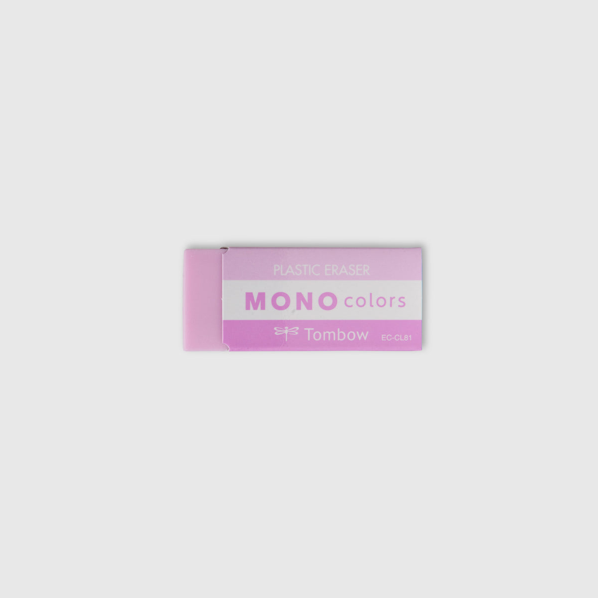 Rechteckiger, hellvioletter Tombow MONO Colors Radierer – Größe M mit weißem Etikett.