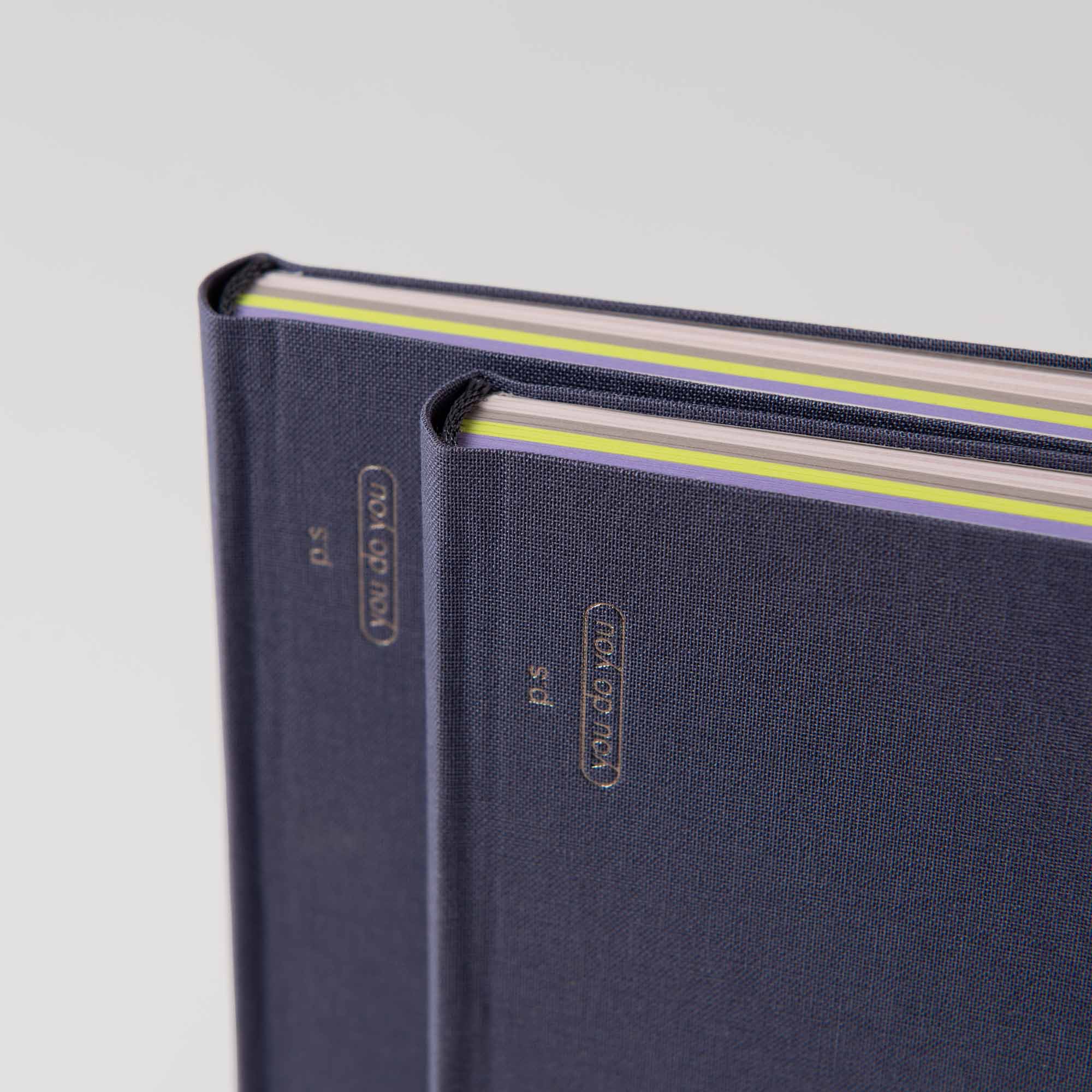 Zwei marineblaue A5-Hardcover-Bücher mit Notanizer-Notizbuch von paperlux.store stehen auf einer weißen Oberfläche, verziert mit Farbschnitt-Akzenten und gelblich-grünen Linien an den Seitenrändern. Die schmalen Buchrücken enthalten einfachen Text.