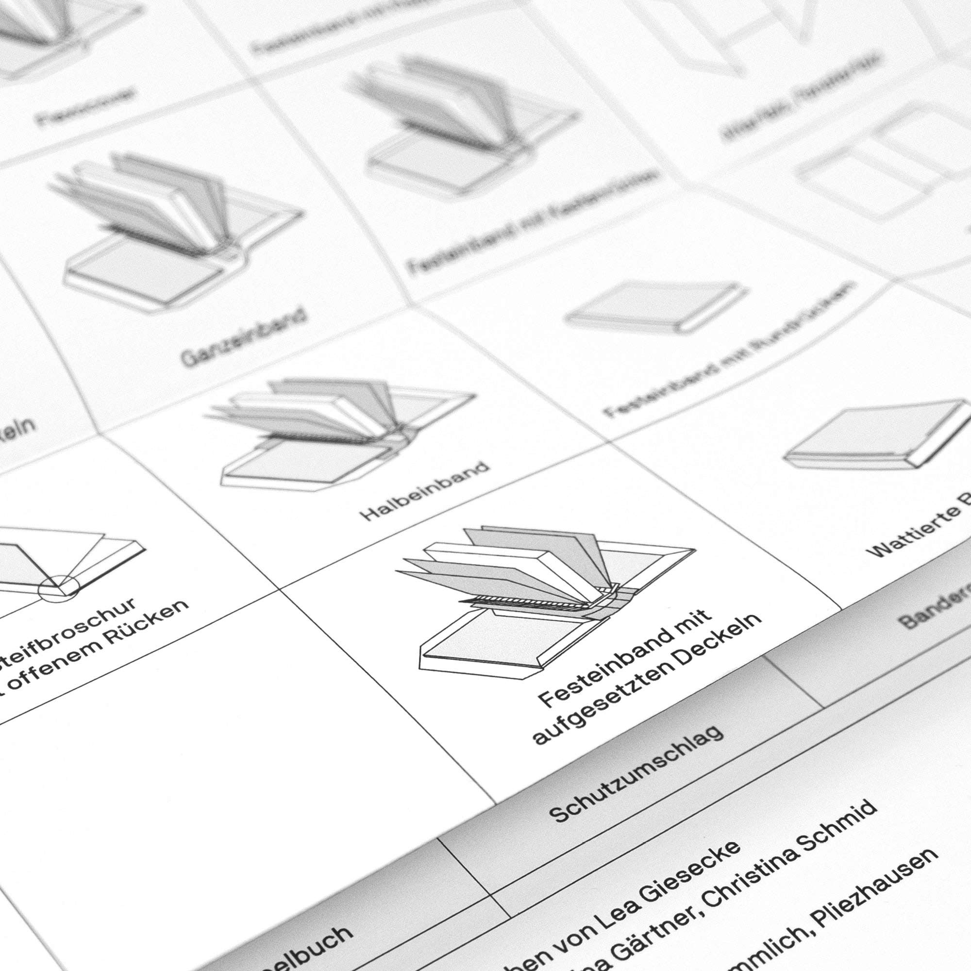Nahaufnahme von „Buchbaukasten – Faltplakat mit Umschlag“ von Lea Giesecke | Prima Publikationen, präsentiert Schwarz-Weiß-Diagramme und Texte in deutscher Sprache über unkonventionelle Bücher, Buchbindetechniken und Buchumschläge mit beschrifteten Beschreibungen für jede Illustration.