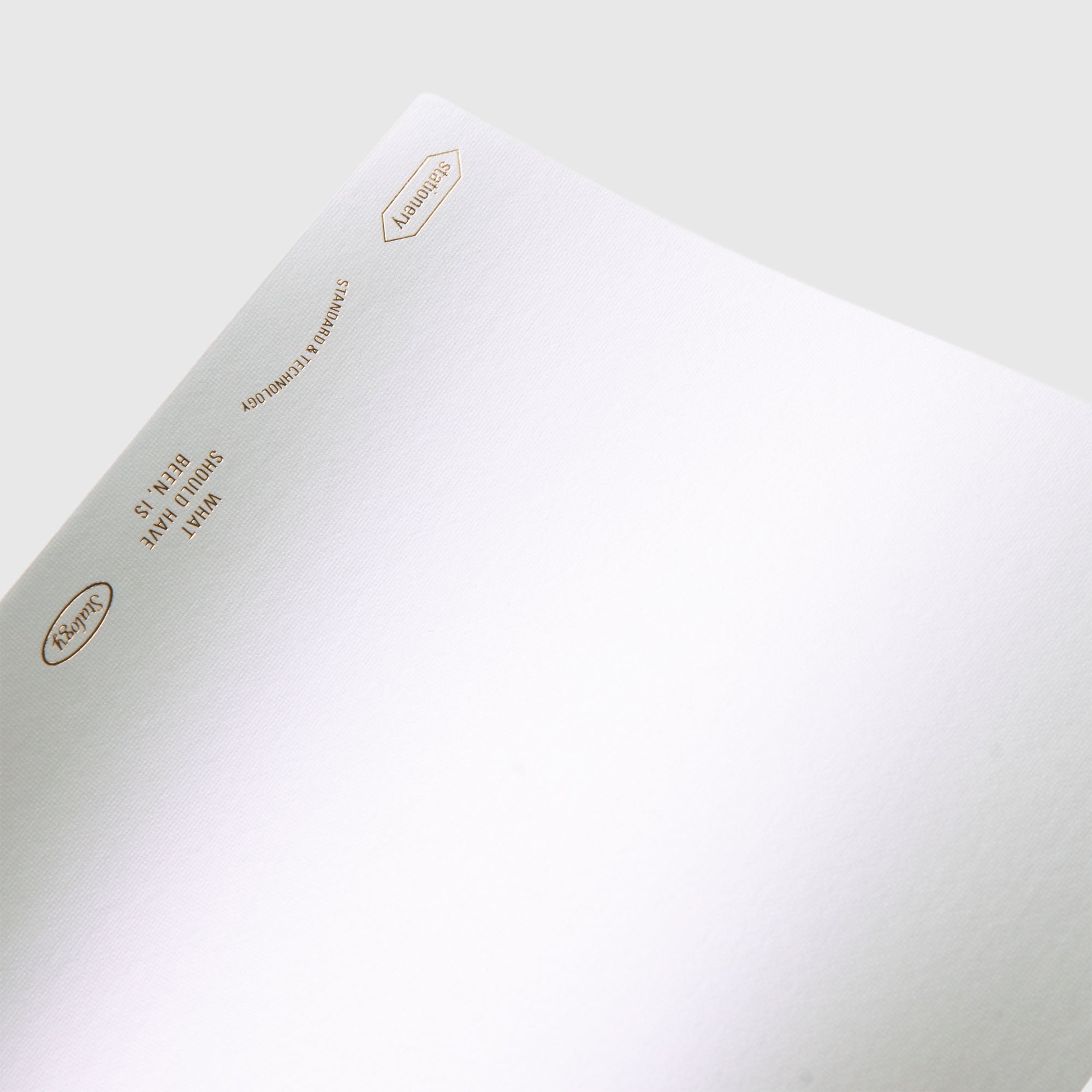 Eine Nahaufnahme des Stalogy Editor's Series 1/2 Year Notebook A5 Limited Edition mit goldgeprägtem Text und Logo auf weißem Papier mit dezentem Perlmuttglanz vor einem schlichten hellgrauen Hintergrund.