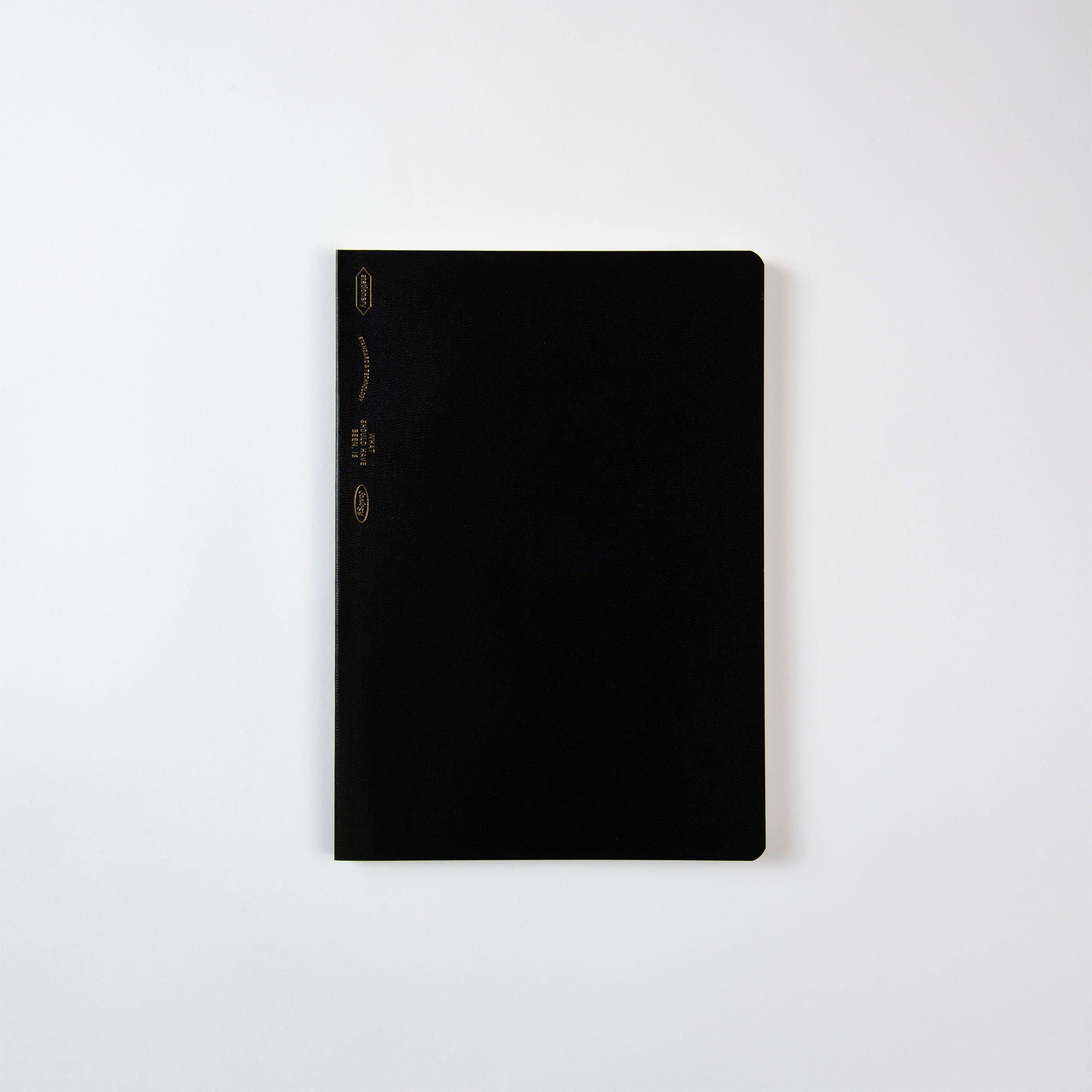 Ein elegantes, schwarzes Editors Series 1/2 Year Notebook STÁLOGY B6 von Stalogy liegt geschlossen auf weißem Hintergrund. Sein schlichter Einband im B6-Format weist dezent geprägten Goldtext auf und bietet Personalisierungsmöglichkeiten für eine einzigartige Note.