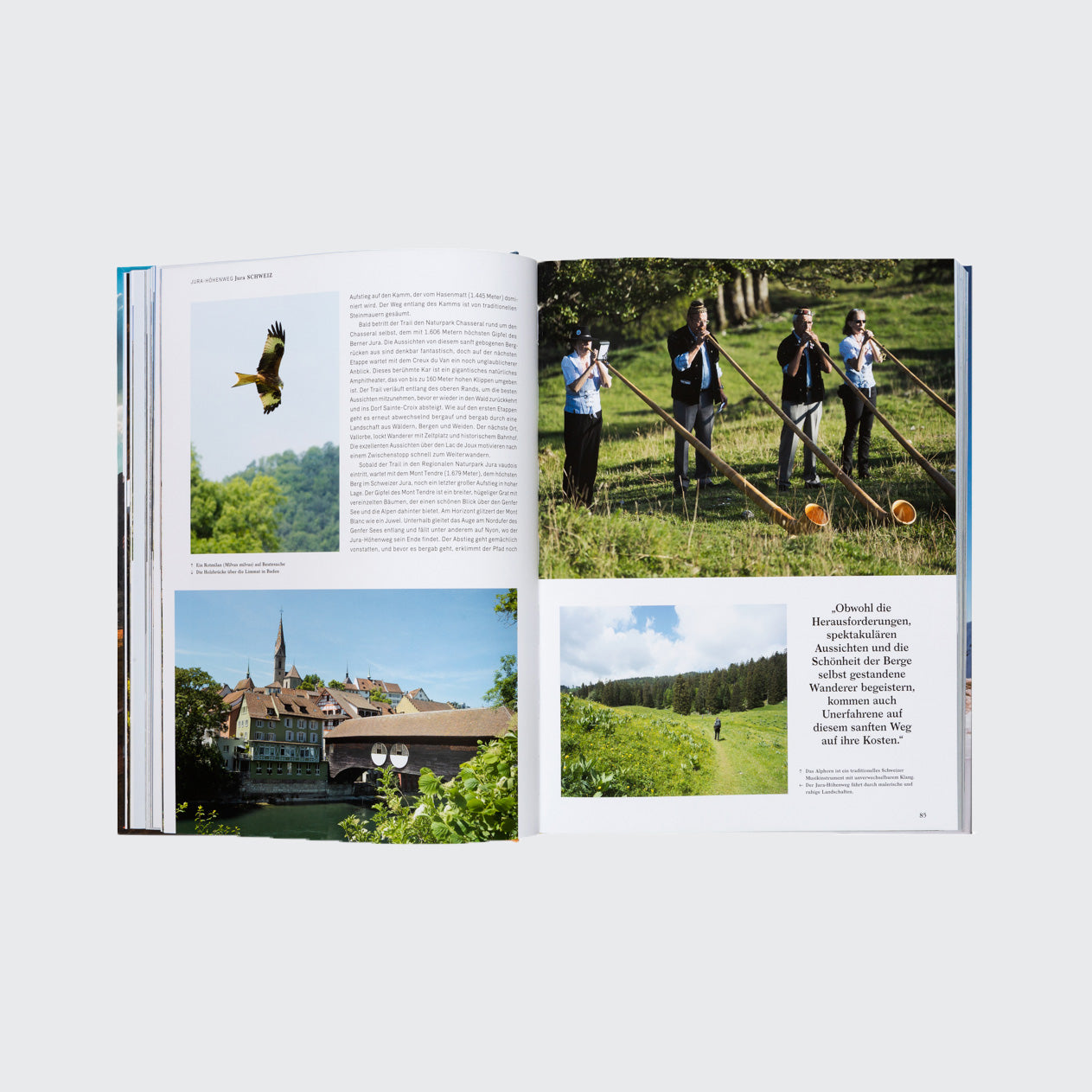 Die offene Magazin-Doppelseite von „Wanderlust Alpen“ aus dem Gestalten Verlag zeigt Bilder eines hochfliegenden Vogels, eines historischen Gebäudes am Wasser und einer Gruppe mit langen Stöcken auf einem Feld. Fesselnde Texte begleiten diese Fotos, fangen die Essenz von Alpenabenteuern ein und entfachen auf jeder Seite das Wanderfieber.