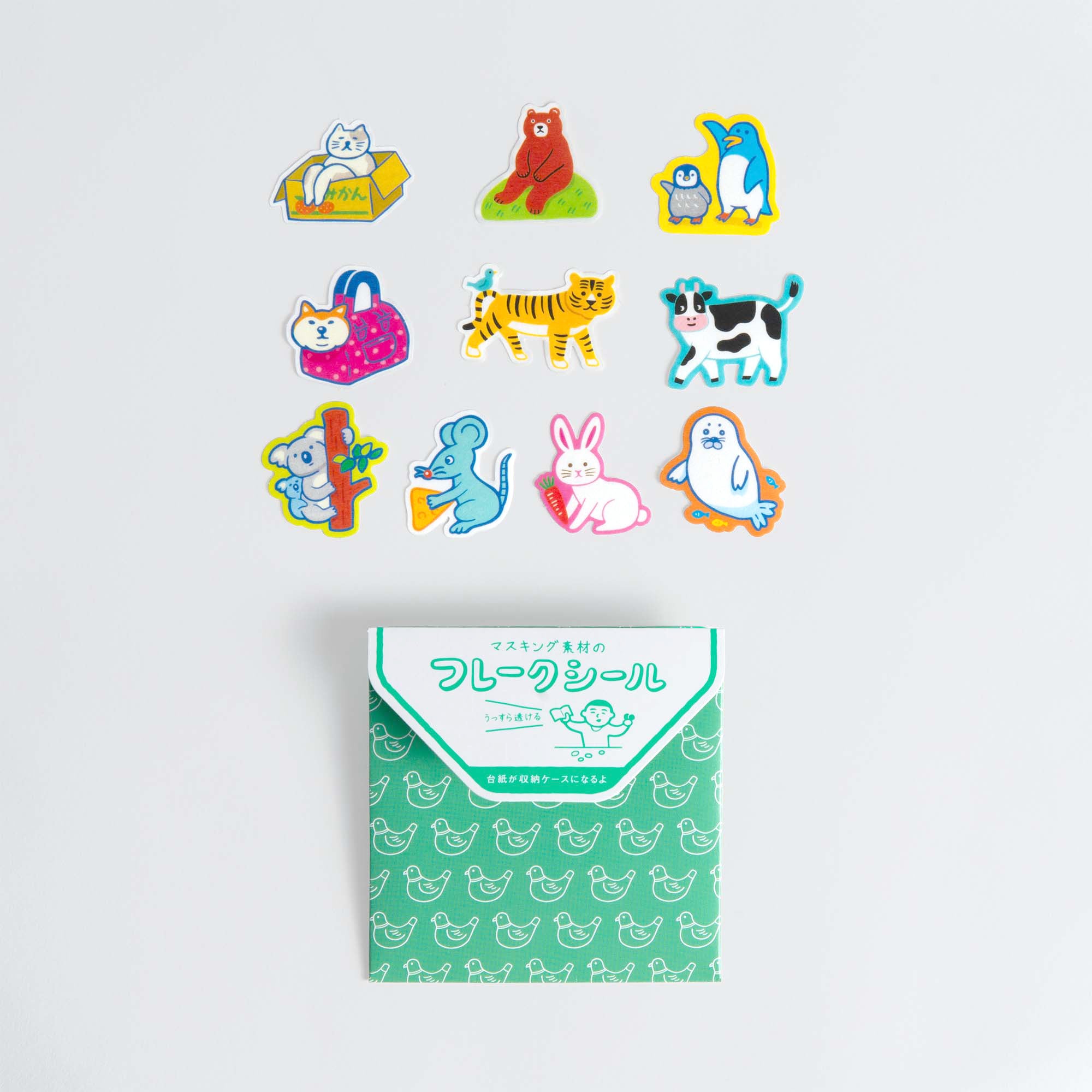 Das Hightide Flake Sticker Set von Hightide zeigt bunte Tiere wie eine Katze, einen Bären und einen Pinguin auf einem grünen Umschlag mit weißen Vogelillustrationen und japanischem Text.