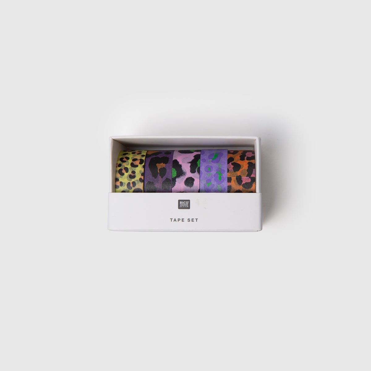 Fünf Rollen Paper Poetry Washi Tape-Set – Acid Leo, 5 Rollen Washi Tape mit Leopardenmuster für ein Bullet Journal, verpackt in einer weißen Pappschachtel.