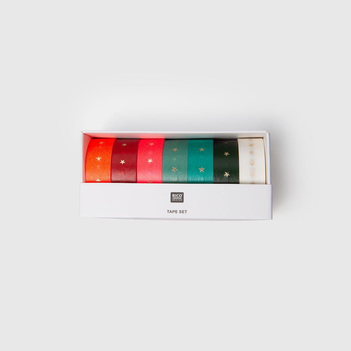 Set mit sieben Rollen Paper Poetry Washi Tape – XXL Sterne in Rot-, Grün- und Weißtönen, jeweils mit goldenen Sternen verziert, präsentiert in einer Schachtel.