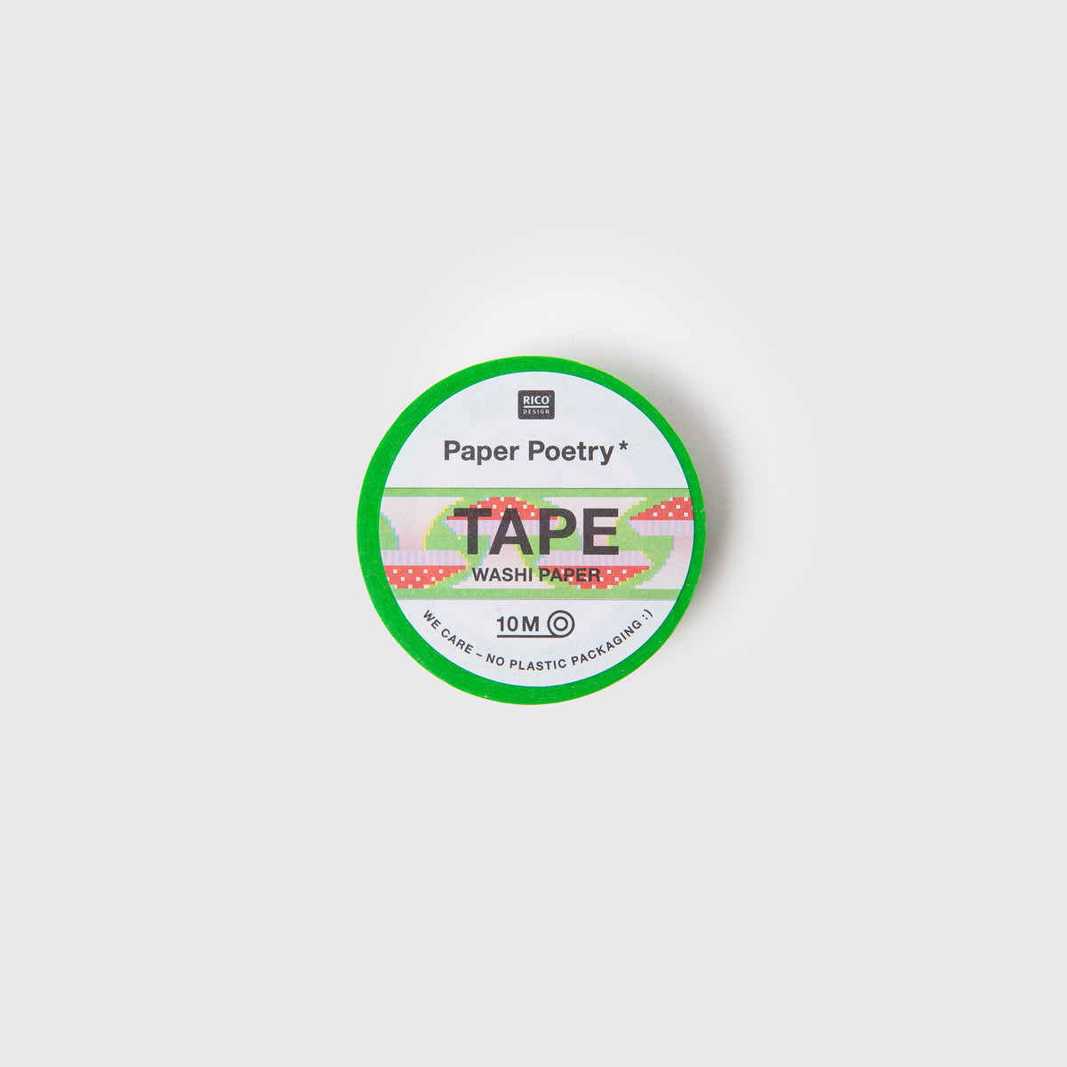 Eine Rolle Paper Poetry Washi Tape – Shrooom Pixel mit grünem Rand und einem pixeligen Pilzmuster.