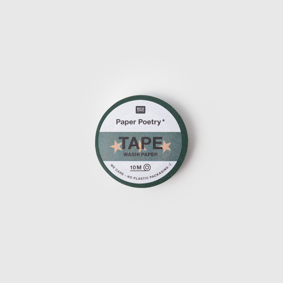 Eine Rolle Paper Poetry Washi Tape – Sterne grün-gold mit dunkelgrünem Klebeband, verziert mit goldenen Sternen und Heißpräge-Finish.