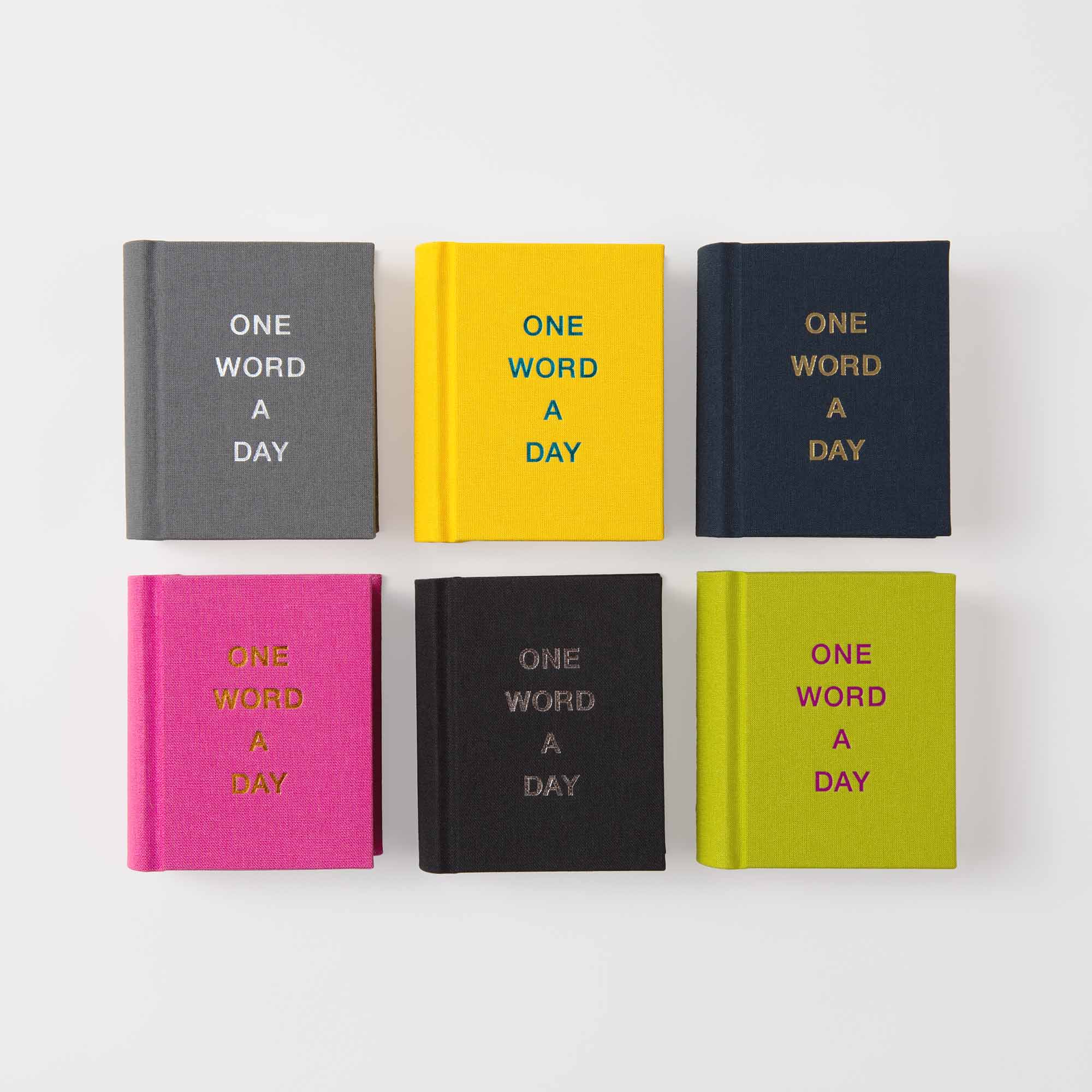 Sechs gebundene OWAD-Klassiker-Bücher von paperlux sind in zwei Reihen auf weißem Hintergrund angeordnet. Jeder Leineneinband zeigt ONE WORD A DAY in den Farben grau, gelb, marineblau, rosa, schwarz und lindgrün - ein perfektes Geschenk für jeden Anlass.