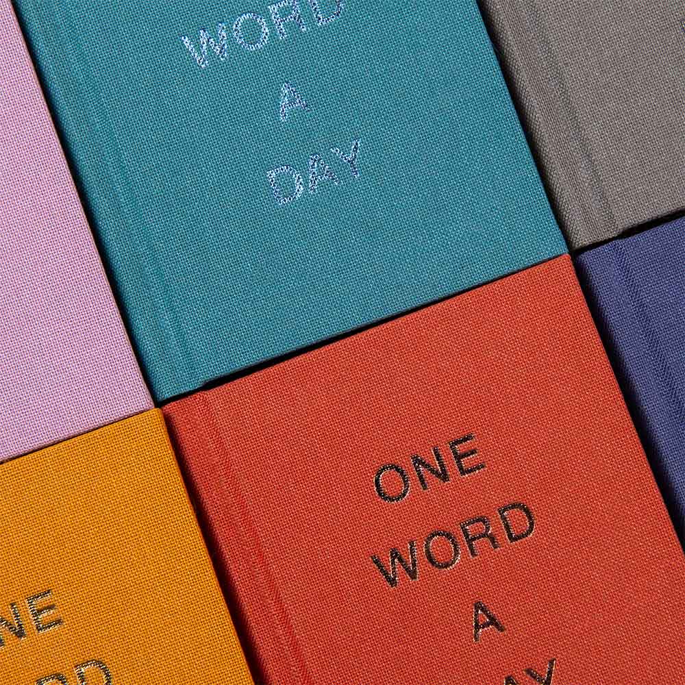 Eine Nahaufnahme der farbenfrohen Paperlux OWAD Elements Hardcover-Bücher, darunter ein handgefertigtes Mini-Tagebuch, die in einem Raster angeordnet sind. Auf zwei Covern steht ONE WORD A DAY in Metallic-Lettern - lebendig und perfekt als einzigartiges Geschenk.