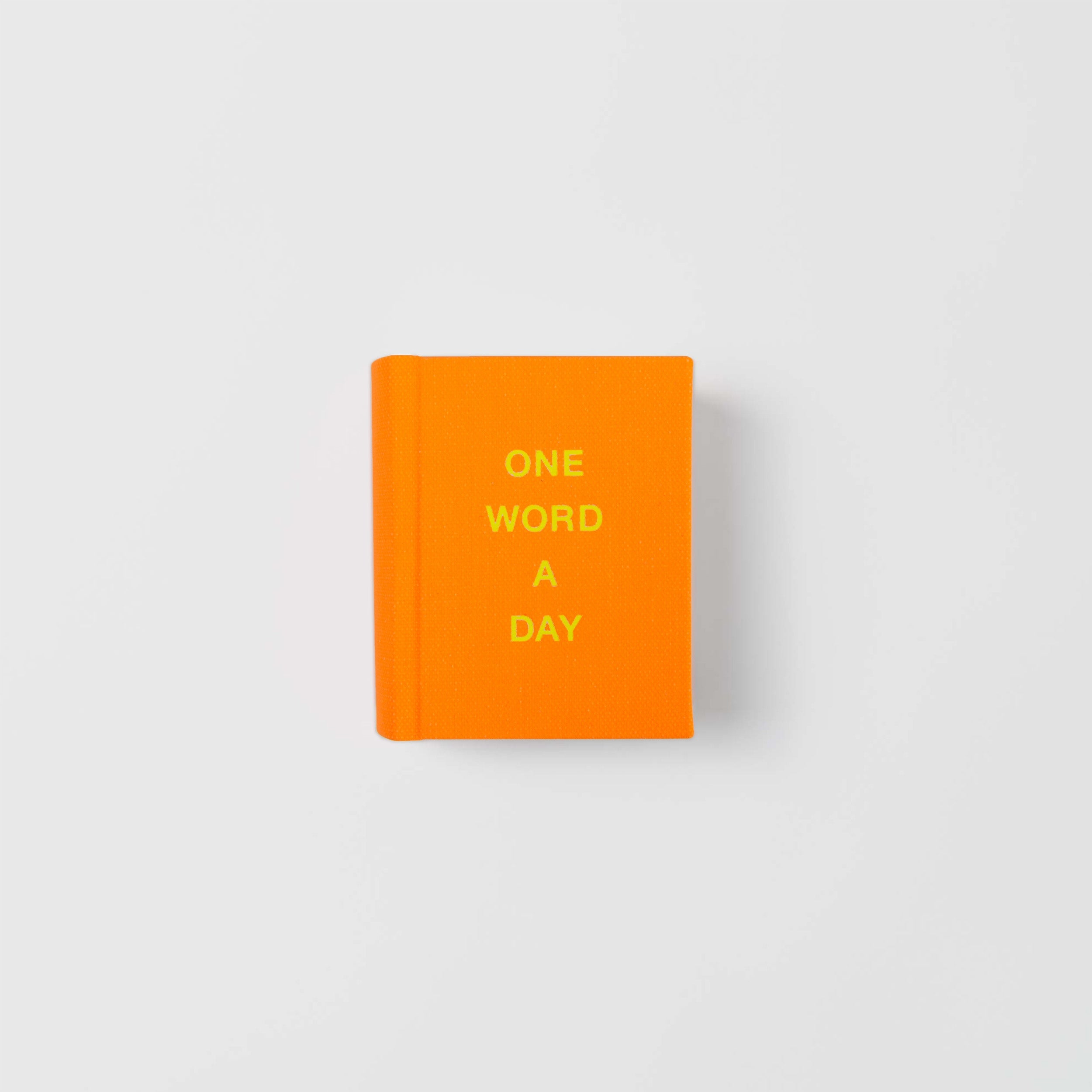 Das OWAD Neon von paperlux, ein orangefarbenes Buch mit auffälligen gelben Buchstaben, ist ideal für Tagebücher oder als einzigartiges Geschenk, hier auf einem schlichten weißen Hintergrund.