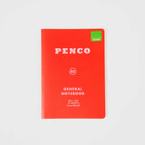 Ein rotes Soft-PP-Notizbuch A5 von Penco hat oben den weißen „Penco“-Text und die Aufschrift „General Notebook“. Es hat ein Kunststoffeinband, 72 Blätter mit 7 mm Lineatur und einen grünen „Ruled“-Aufkleber oben rechts.