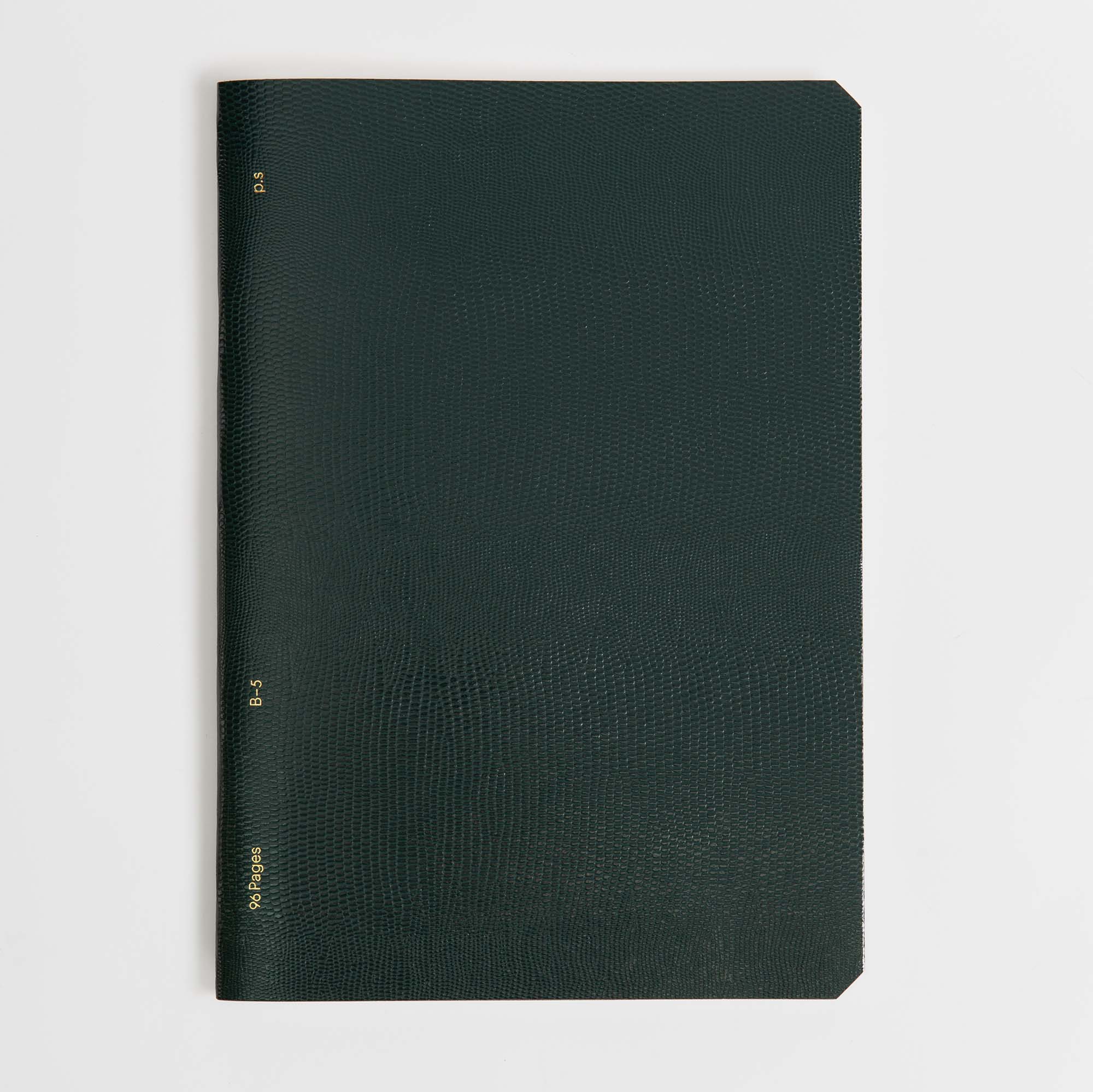 Ein geschlossenes, strukturiertes moosgrünes Softcover-Notizbuch in Lederoptik von paperlux.store mit leicht abgerundeten Ecken liegt flach auf einer weißen Fläche. Am linken Rand des Vorderdeckels verläuft eine kleine goldene Schrift. Produkt: B96 Moosgrün.