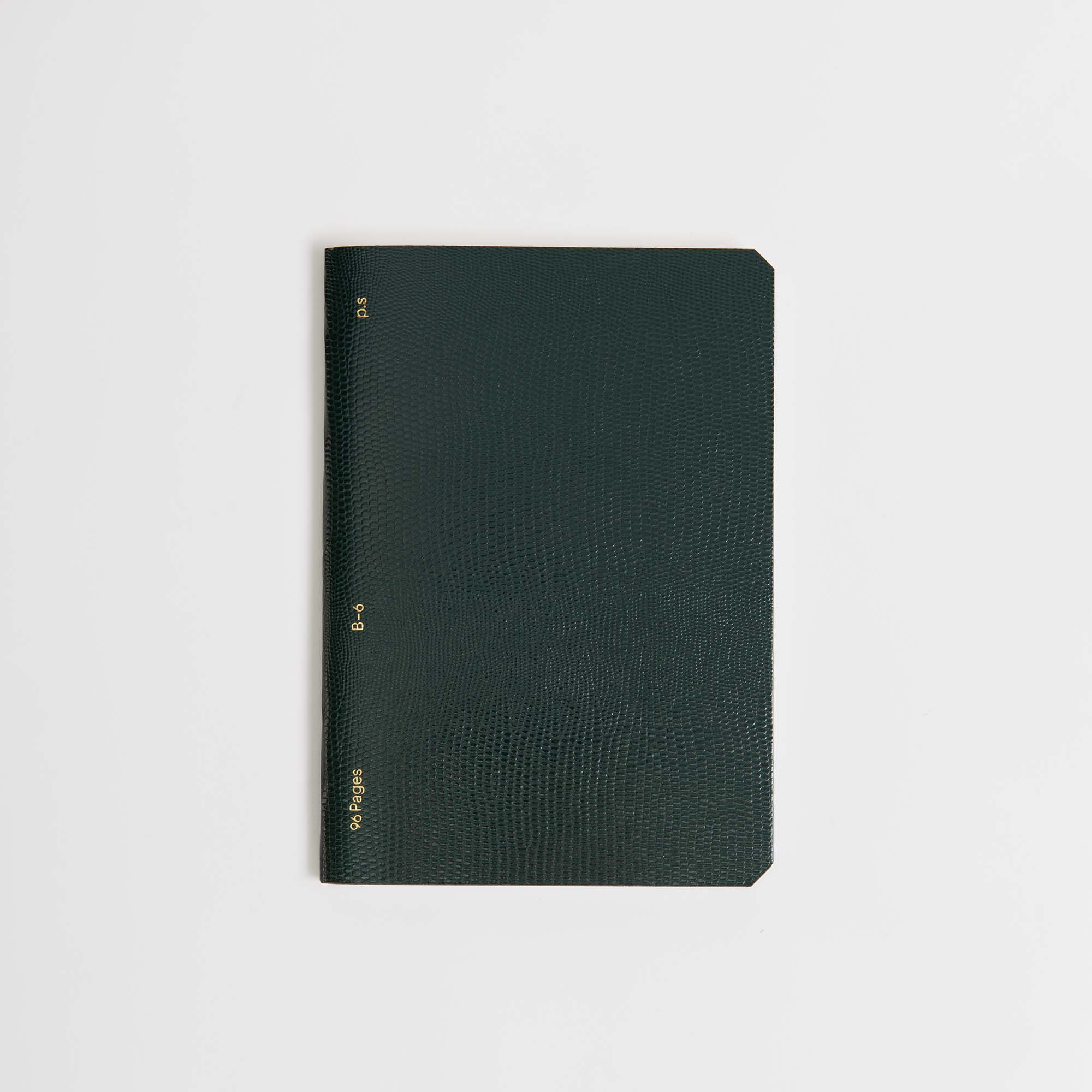 Ein geschlossenes B96 Moosgrünes Notizbuch von paperlux.store, mit Softcover Lederoptik und abgerundeten Ecken, ruht auf einem weißen Hintergrund. Kleiner goldener Text in der Nähe des Buchrückens unterstreicht seine handgefertigte Hamburger Handwerkskunst.